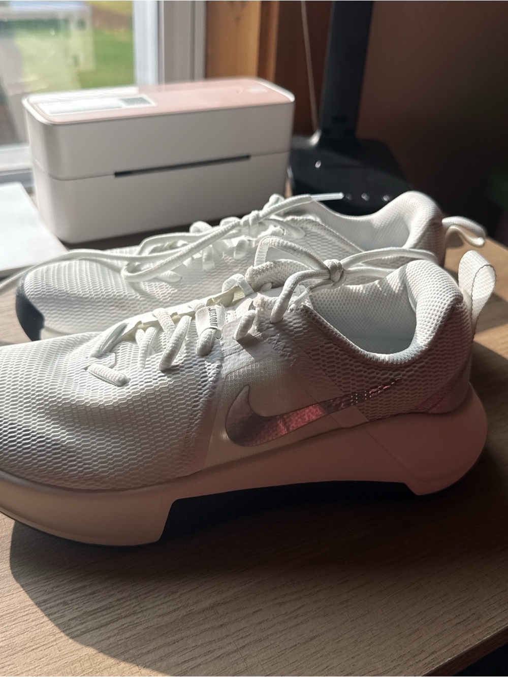 Nike White Women's Athletic Sneakers with Iridescent Pink Swoosh